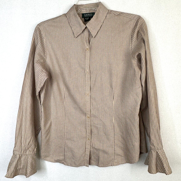 Lauren Ralph Lauren Blouse L Button Front Tan Windowpane Ruffle Cuff Long Sleeve - Picture 1 of 11